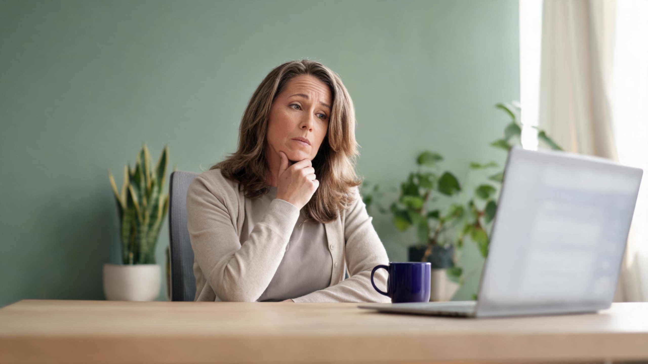Small business owner at a laptop pausing over a website settings screen before making a DIY change