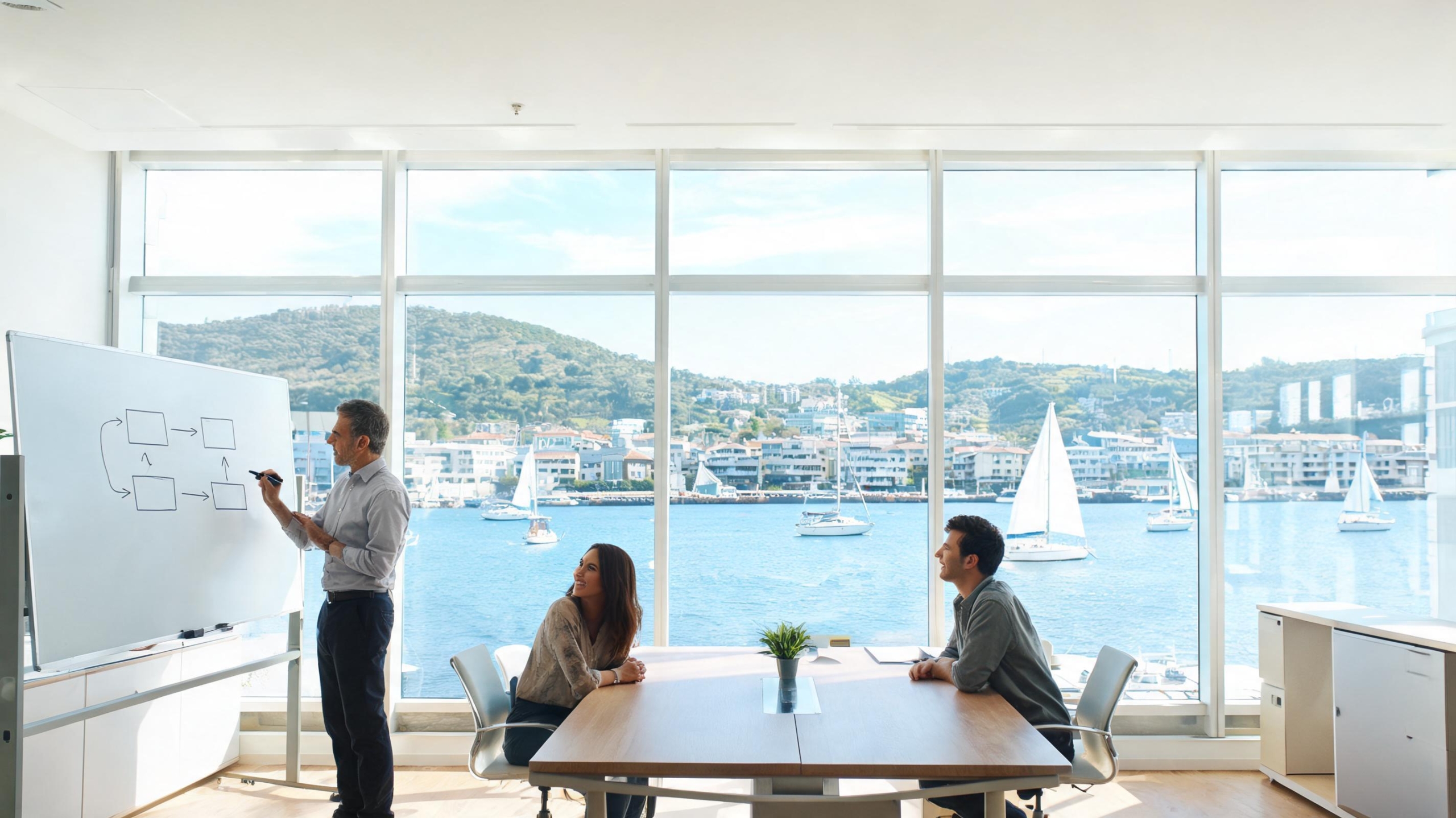 Founder mapping the next stage of the business on a whiteboard with team members in an Auckland office overlooking the harbour