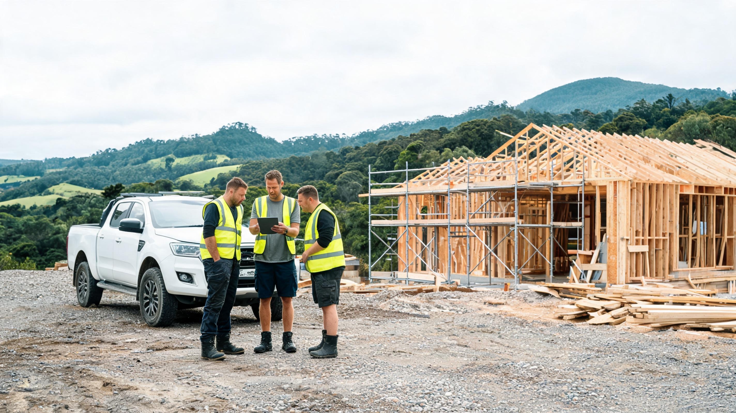 trade-business-systems-scaling-nz-v2 New Zealand tradie going over the job schedule with his crew beside a ute on a building site