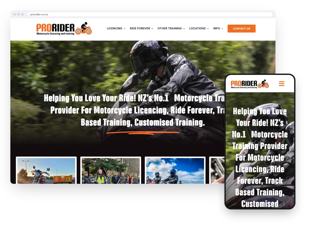 Pro Rider website on a laptop and a phone